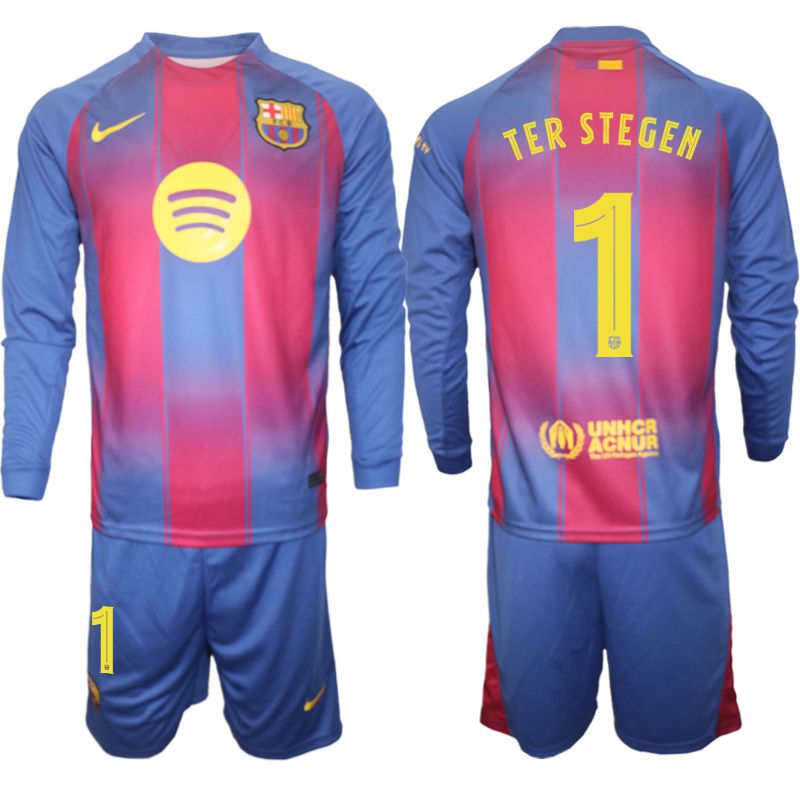 Men 2025-2026 Club Barcelona home blue Long sleeves #1 Soccer Jersey->barcelona jersey->Soccer Club Jersey